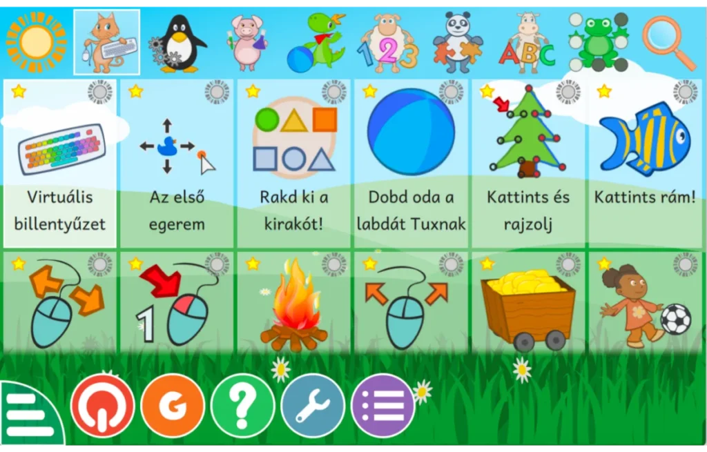 GCompris főképernyője, ahol a gyerekek egy virtuális billentyűzet segítségével tanulhatnak