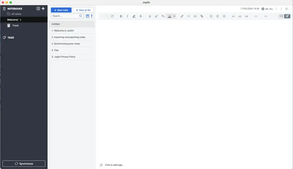 A Joplin jegyzetelőalkalmazás felületének képernyőképe