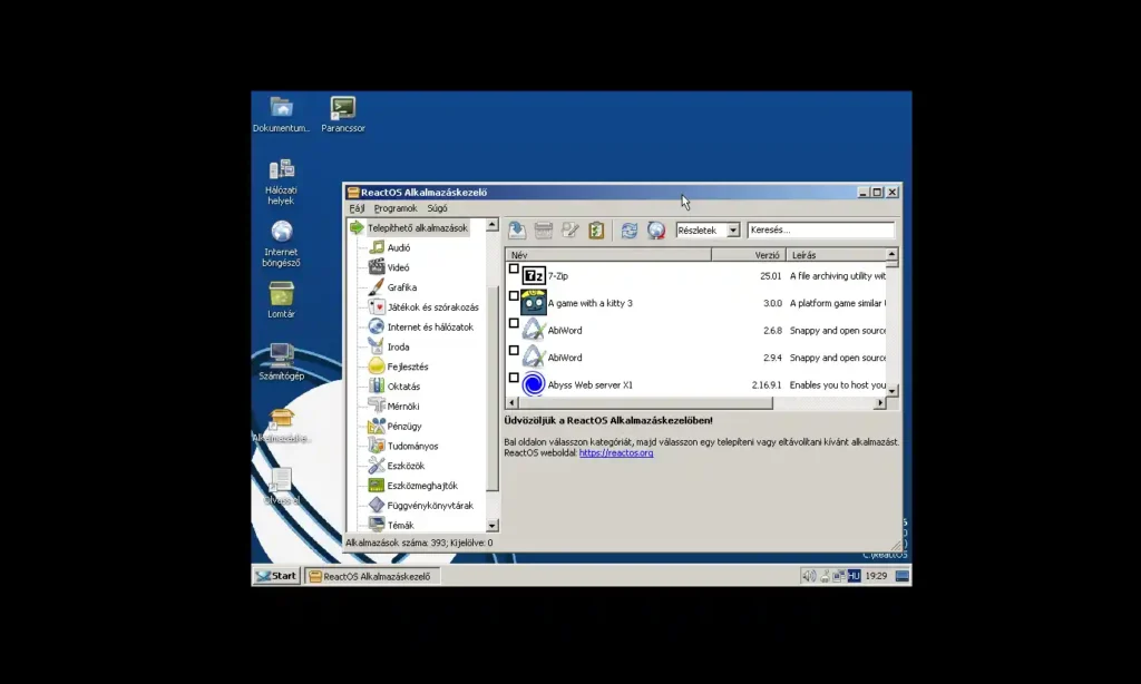 ReactOS: A Windows NT nyílt forráskódú újraimplementációja régi gépekre 2 ReactOS Start menü és Vezérlőpult