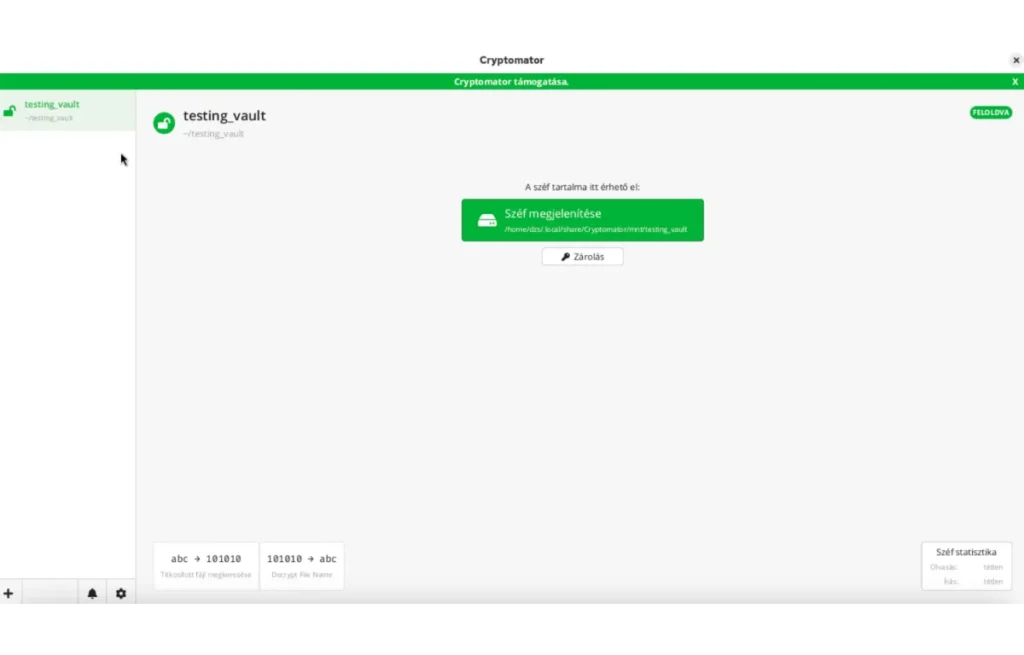 Képernyőkép a Cryptomator alkalmazás felületéről, amely titkosított tárolókat (vault-okat) kezel a felhőszolgáltatásokhoz.