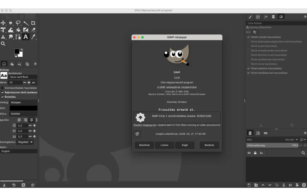 GIMP: Népszerű Photoshop alternatíva Linuxra és más rendszerekre 1 Képernyőkép a GIMP felhasználói felületéről, amely rétegeket, eszköztárat és szerkesztőablakot mutat.