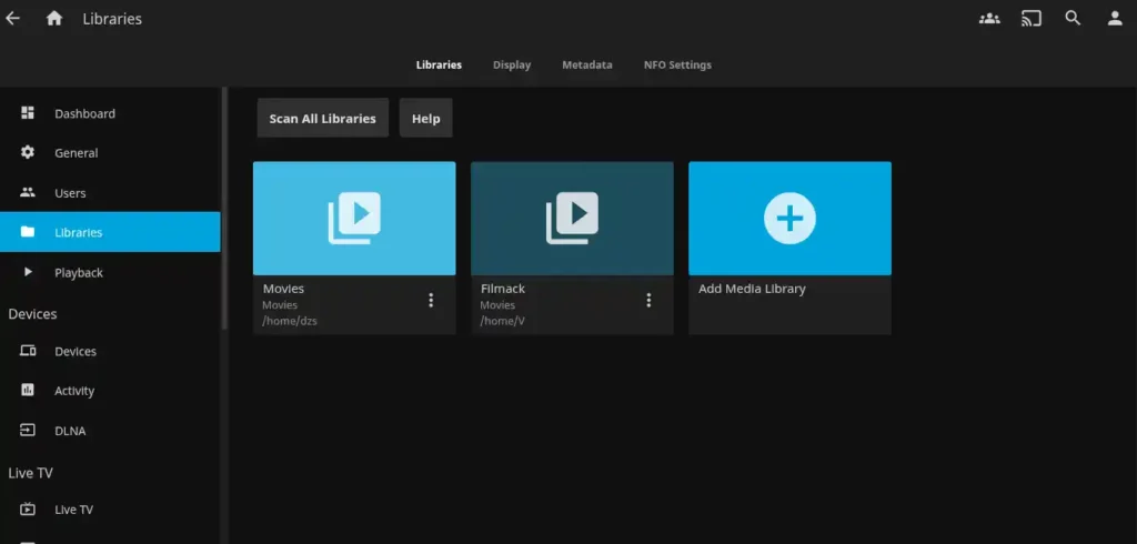 Jellyfin: Ingyenes Plex alternatíva saját médiatárhoz 1 Jellyfin dashboard: a médiakiszolgáló fő kezelőfelülete, ahol a felhasználó áttekintheti a könyvtárakat, folytathatja a megkezdett tartalmakat és elérheti a szerverkezelési funkciókat