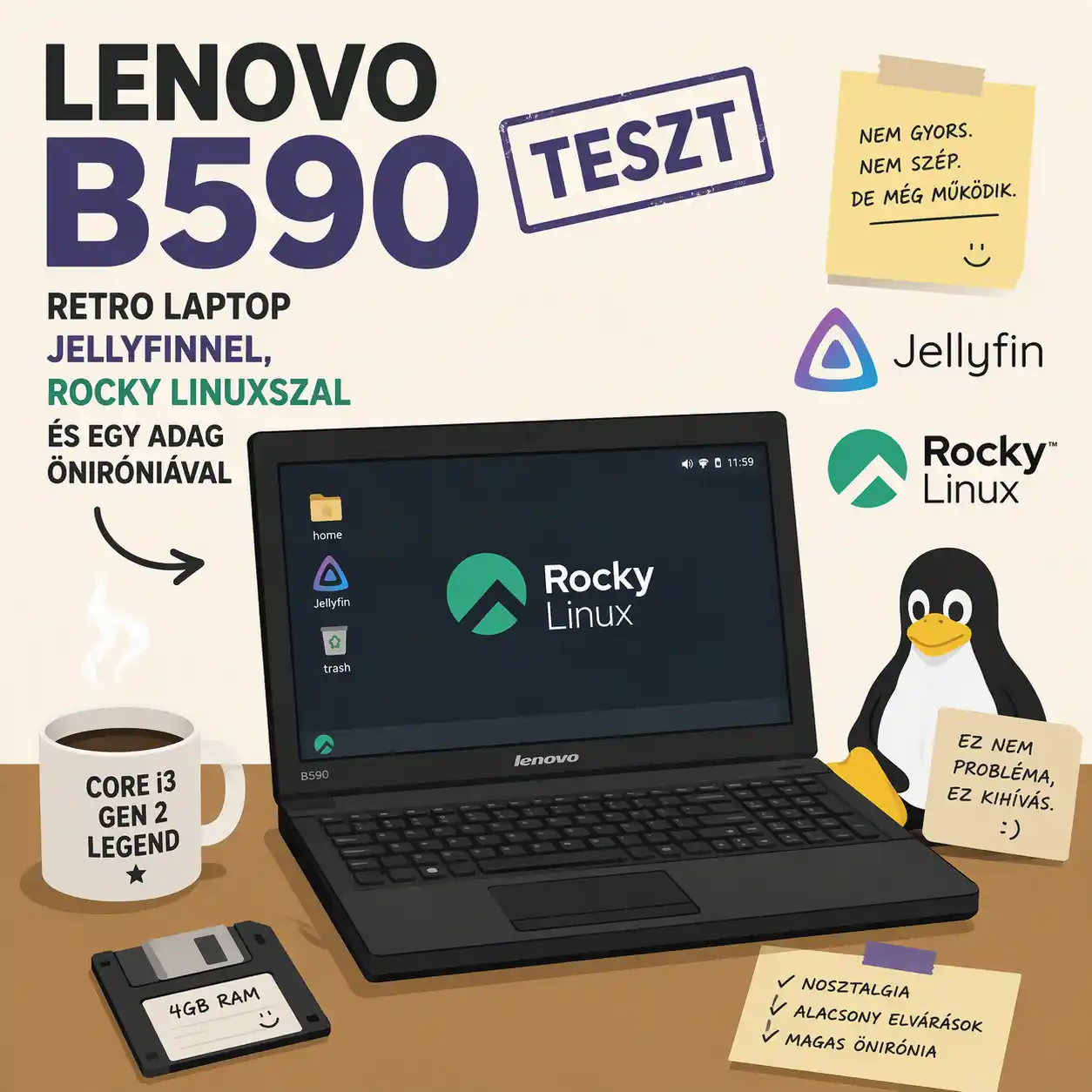 Lenovo B590 teszt: retro laptop Jellyfinnel, Rocky Linuxszal és egy adag öniróniával
