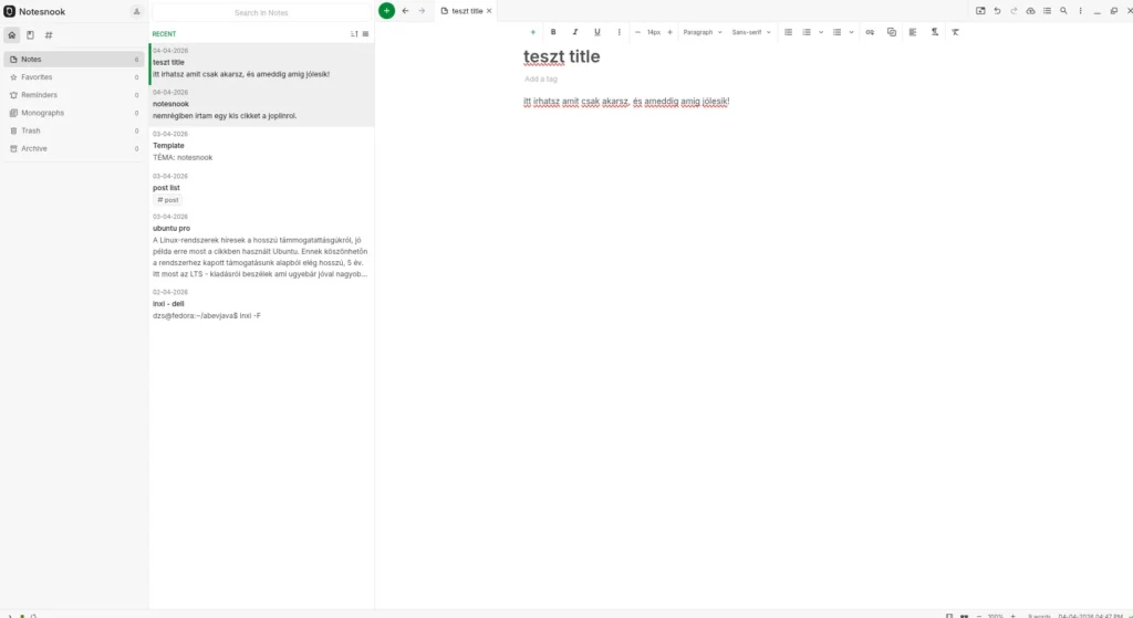 Notesnook teszt (2026): az egyik legjobb Evernote alternatíva? 7 Képernyőkép a Notesnook alkalmazás felületéről, amely jegyzeteket és mappákat mutat egy tiszta, minimalista kialakításban.