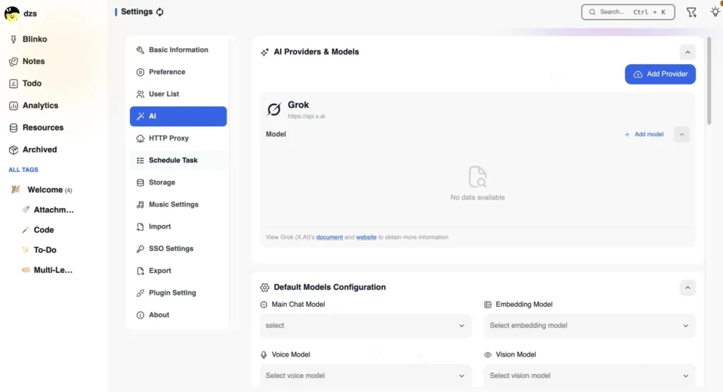 Blinko teszt: gyors jegyzetelés saját szerveren, AI-kereséssel 4 Blinko AI beállítások Grok szolgáltatóval, chatmodellel és embedding modellel