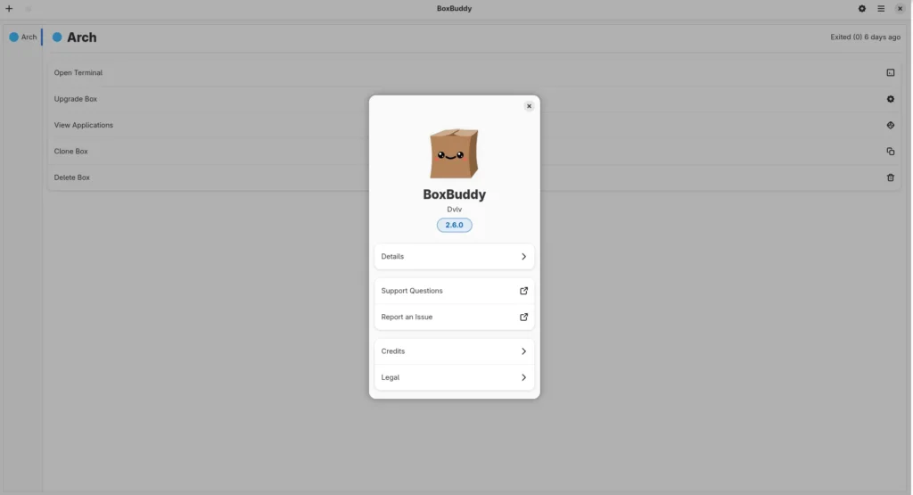 A BoxBuddy alkalmazás információs ablaka