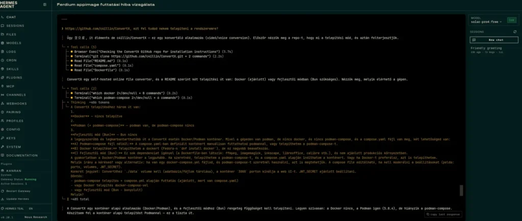 Hermes Agent a ConvertX telepítését végzi Fedora 44 alatt