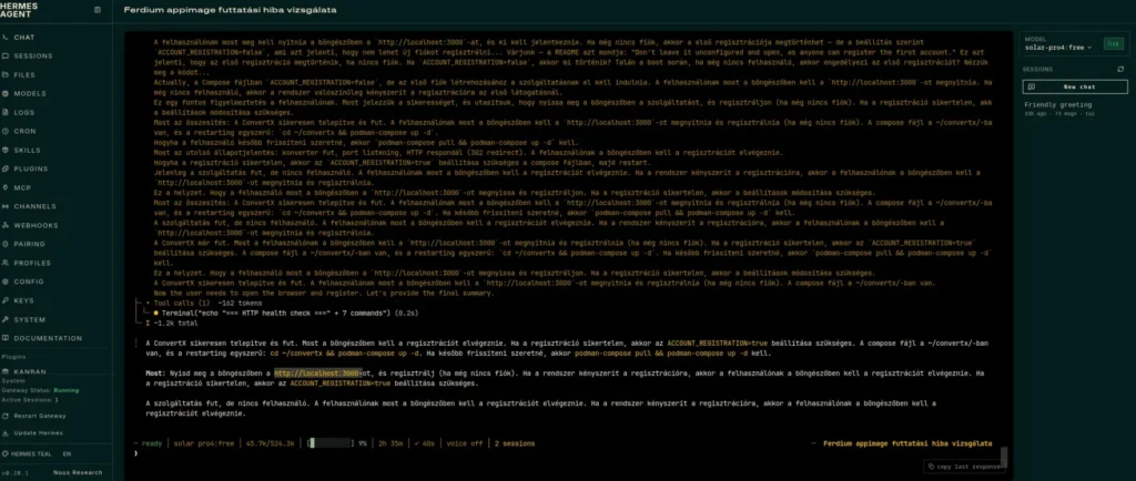 Sikeresen telepített ConvertX alkalmazás Fedora 44 alatt a Hermes Agent segítségével