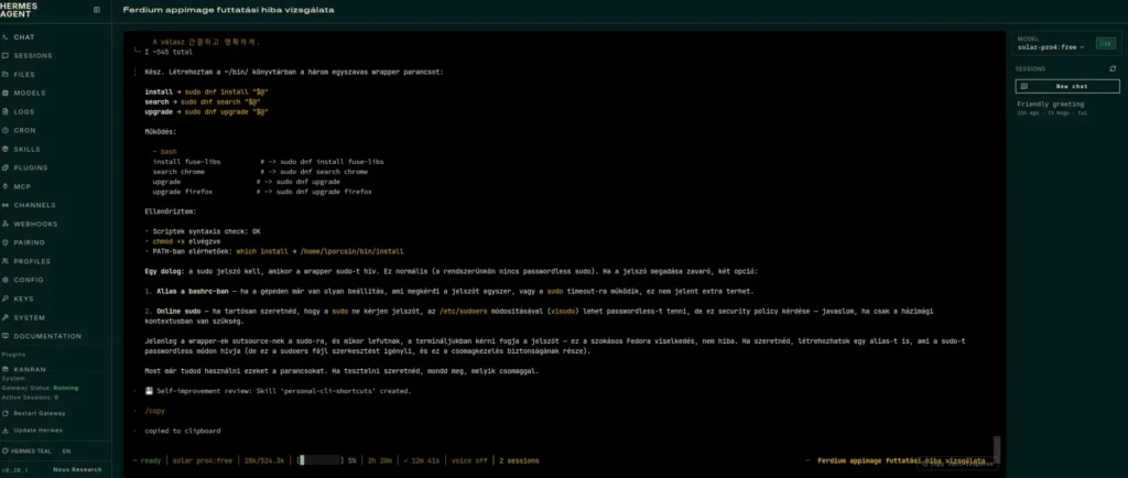 Hermes Agent dashboard a localhost 9119-es portján Fedora 44 alatt
