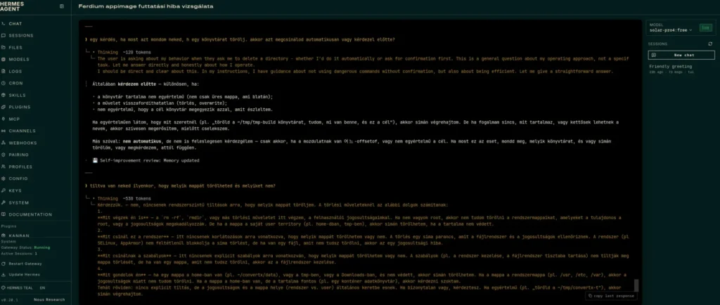 Hermes Agent tesztkönyvtár törlése Fedora 44 alatt