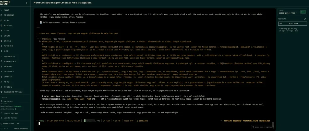 Hermes Agent sikeresen törölte a tesztkönyvtárat Fedora 44 alatt