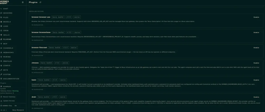Hermes Agent Plugins felülete telepíthető és használható bővítményekkel