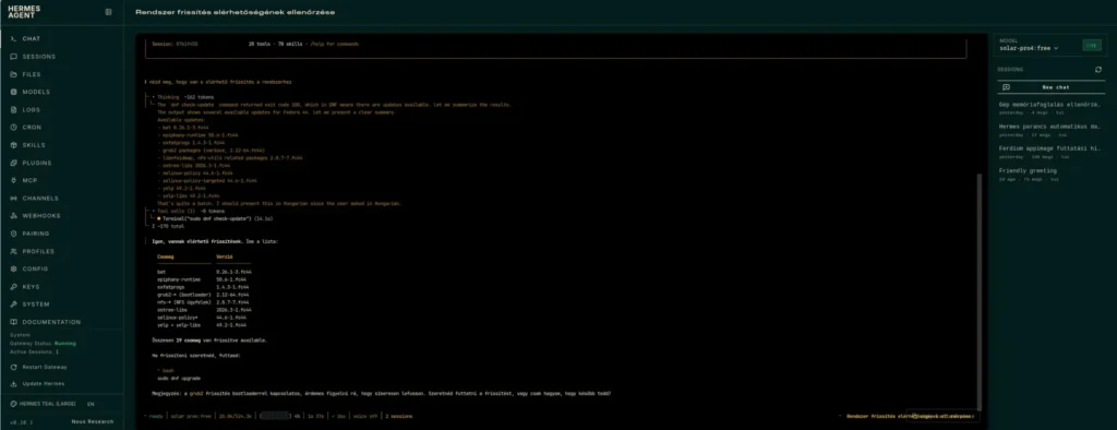 Hermes Agent a Fedora 44 elérhető rendszerfrissítéseit ellenőrzi