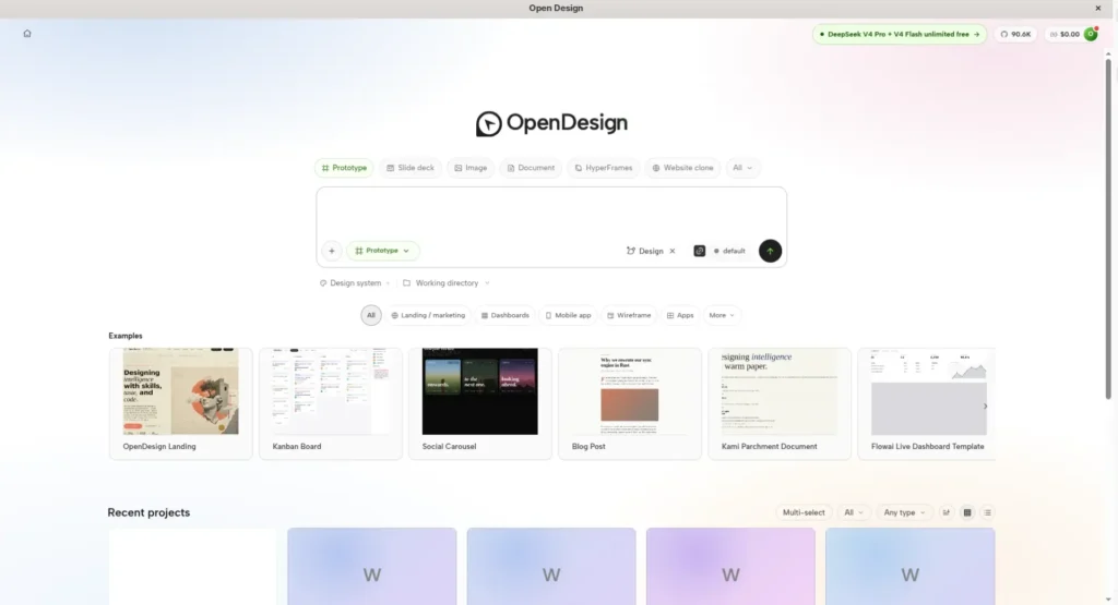 OpenDesign: kipróbáltam, mire képes egy open source AI webdesign eszköz 2 Az OpenDesign dashboardja a létrehozott webdesign projektekkel