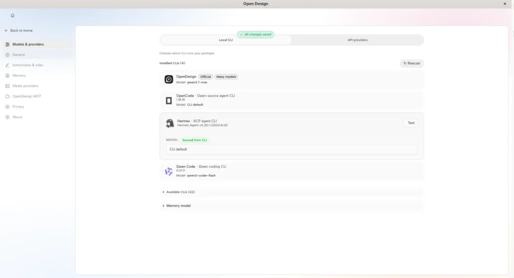 OpenDesign: kipróbáltam, mire képes egy open source AI webdesign eszköz 3 AI modell kiválasztása az OpenDesign beállításaiban (CLI)