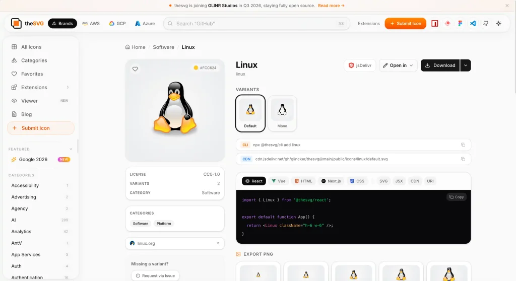 theSVG: több mint 6500 SVG ikon fejlesztőknek és designereknek 2 A theSVG Linux logót megjelenítő ikonoldala
