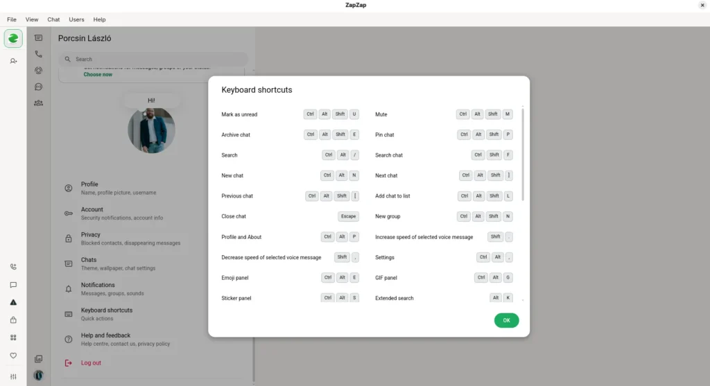ZapZap: nyílt forráskódú WhatsApp kliens Linuxra 2 A ZapZap billentyűparancsokat felsoroló ablaka, többek között kereséshez, új chathez, némításhoz és csevegés rögzítéséhez