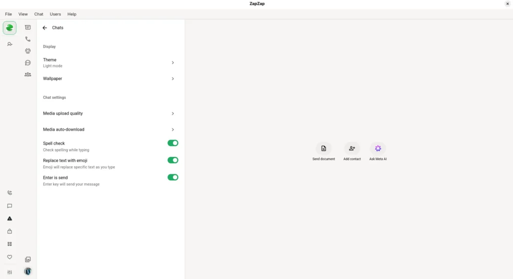 ZapZap: nyílt forráskódú WhatsApp kliens Linuxra 3 A ZapZap chatbeállításai: téma, háttérkép, médiafeltöltési minőség, automatikus médialetöltés és helyesírás-ellenőrzés