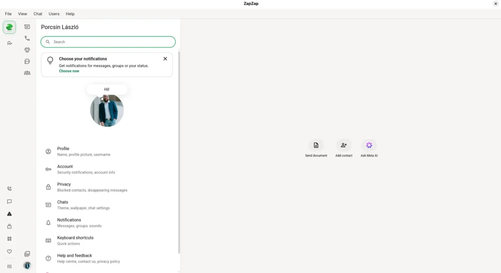 ZapZap: nyílt forráskódú WhatsApp kliens Linuxra 5 A ZapZap profil- és beállítási menüje értesítési, adatvédelmi, chat- és billentyűparancs-opciókkal