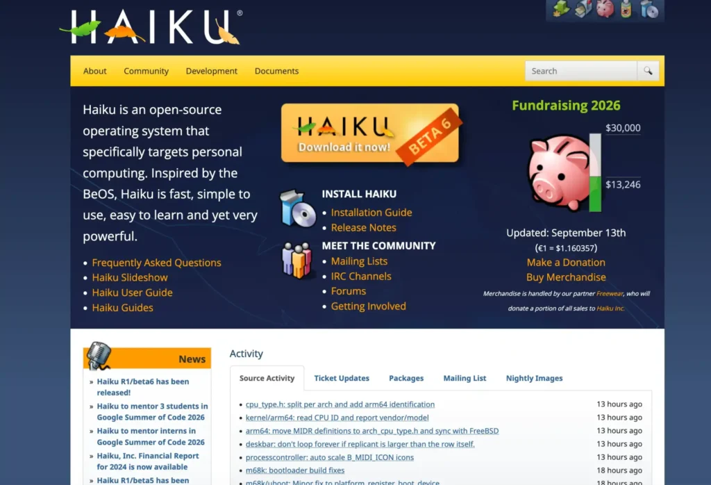 A HaikuOS hivatalos weboldalának kezdőlapja letöltési, dokumentációs és közösségi linkekkel.