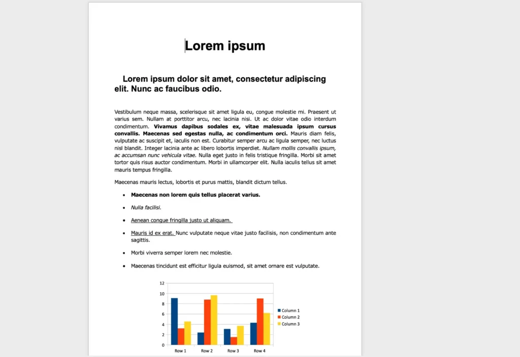 DOC dokumentum címsorokkal, listákkal és diagrammal dokumentumkonvertálási példában.
