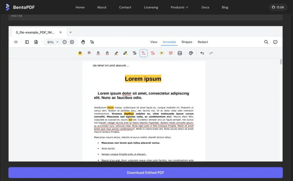 BentoPDF szerkesztő felület, amely egy "Lorem ipsum" szöveget tartalmazó PDF dokumentumot mutat. A felső eszköztáron látható a View, Annotate, Shapes és Redact menü, valamint a nagyítás és a szövegkiemelő eszközök.