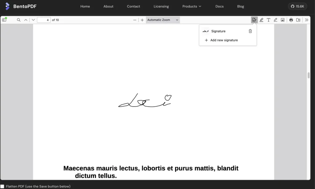 PDF dokumentum szerkesztése aláírás közben. A képernyőn egy kézzel rajzolt aláírás látható, a jobb felső sarokban pedig egy legördülő menü, amely a "Signature" és az "Add new signature" opciókat kínálja.