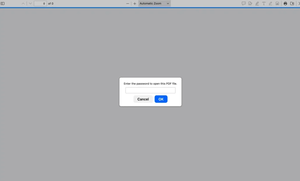 Felugró ablak, amely a "Enter the password to open this PDF file" szöveget mutatja. A mezőbe kell beírni a jelszót, mellette a "Cancel" és az "OK" gombok találhatók.