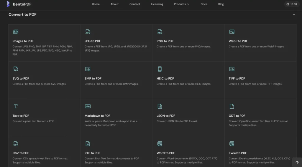 BentoPDF "Convert to PDF" eszközeinek listája. Különböző fájltípusok (Images, JPG, PNG, WebP, SVG, BMP, HEIC, TIFF, Text, Markdown, JSON, ODT, CSV, RTF, Word, Excel) PDF formátumba történő konvertálása.