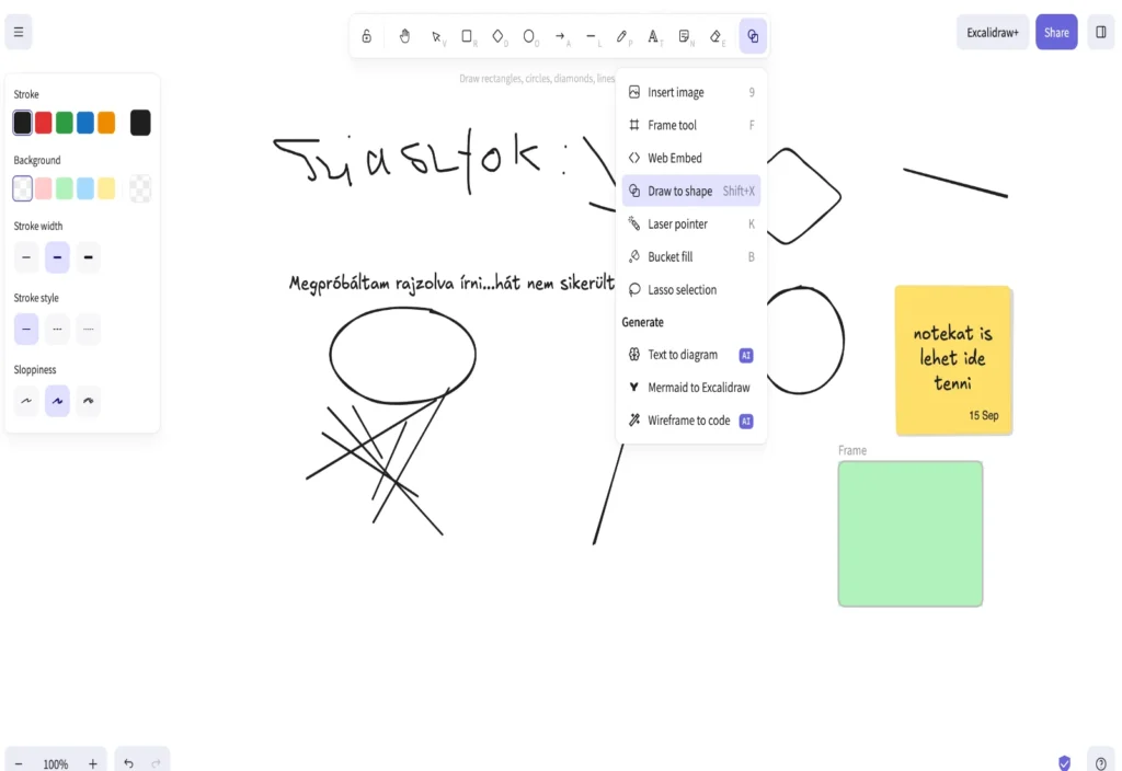 Excalidraw Draw to Shape menüje megnyitva az alakzatfelismerő funkció bemutatására.