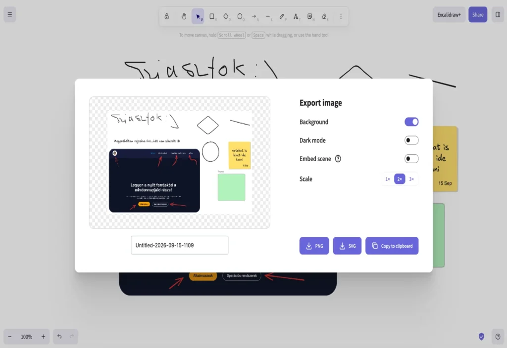 Excalidraw exportálási ablak PNG és SVG képformátumok kiválasztásával.