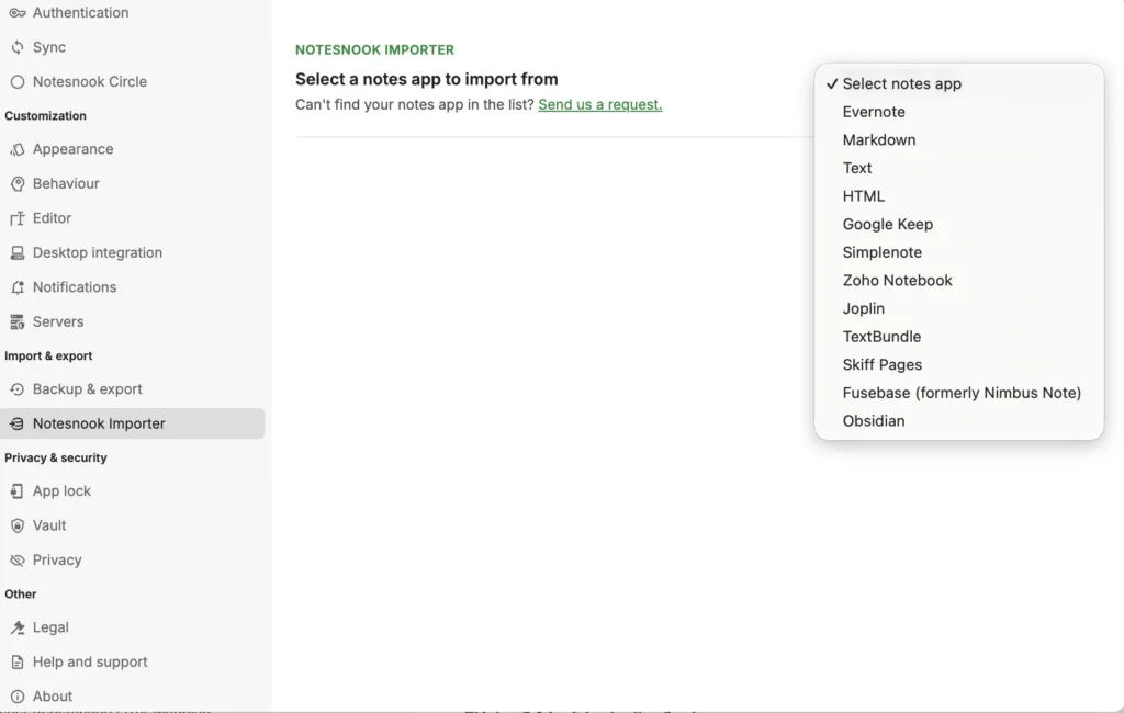 Notesnook teszt (2026): az egyik legjobb Evernote alternatíva? 4 A Notesnook jegyzetimportáló eszköze