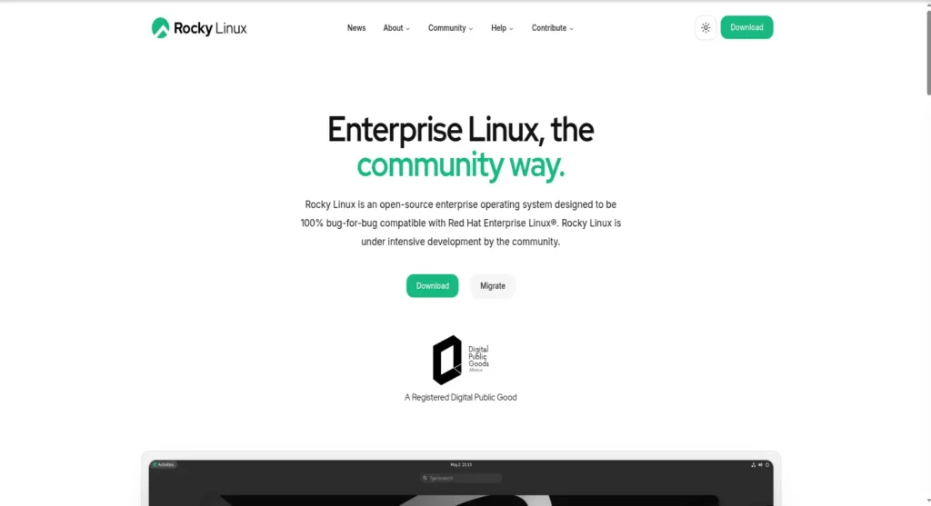 A Rocky Linux weboldal főoldala a "Enterprise Linux, the community way" szlogennel és letöltési gombokkal.