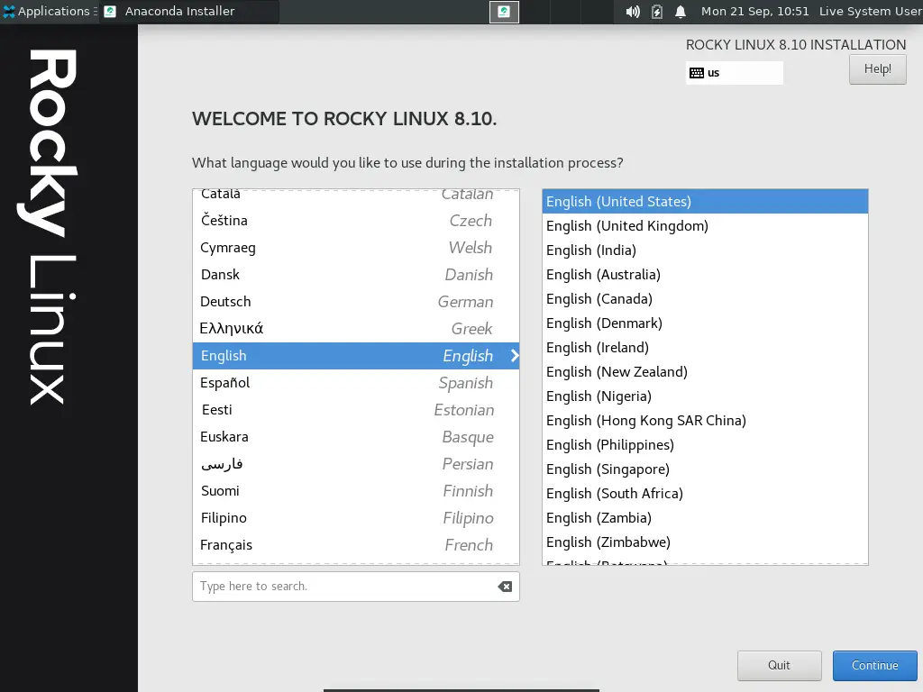 A Rocky Linux telepítő üdvözlő képernyője, ahol a telepítés nyelvét lehet kiválasztani a listából.