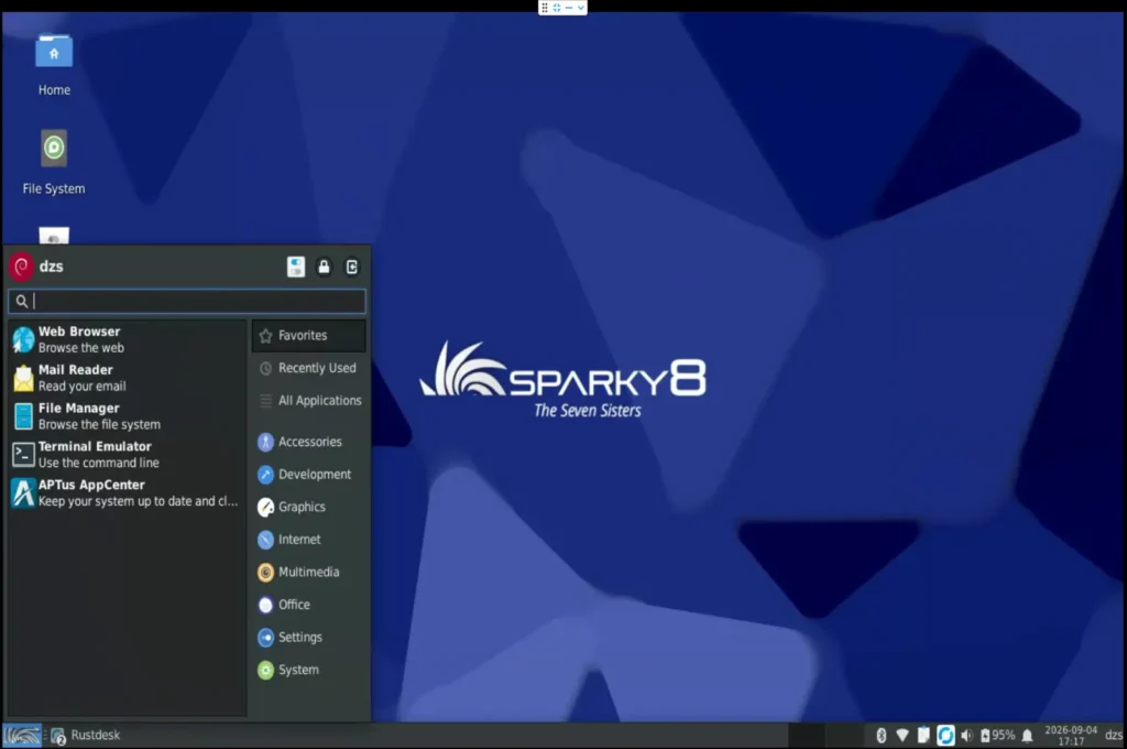 SparkyLinux alkalmazásmenüje megnyitva.