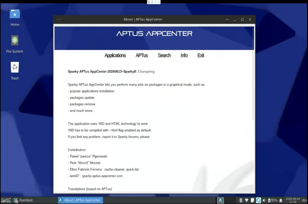 Az APTus AppCenter névjegyablaka.