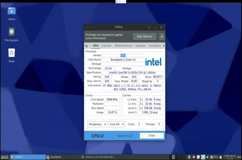 A CPU-X processzorinformációs ablaka.