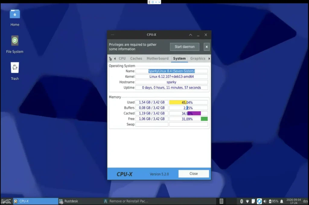 A CPU-X System információs lapja.