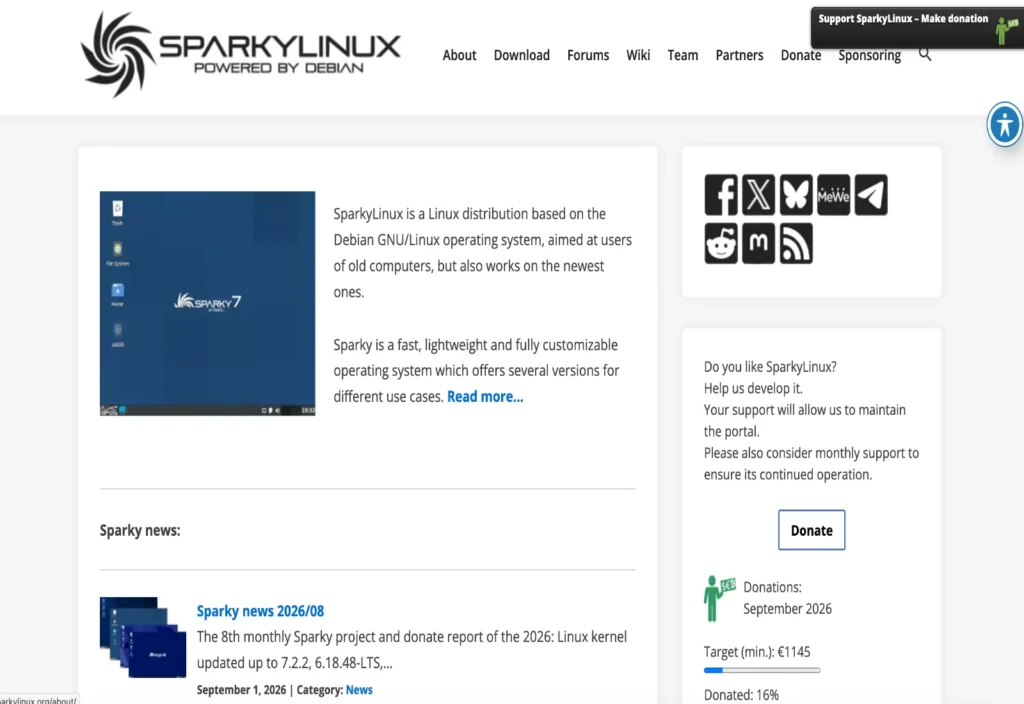 SparkyLinux bemutatkozó oldal rendszerleírással és projekt hírekkel.