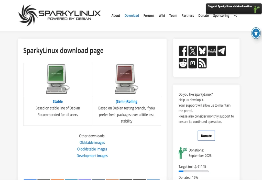 SparkyLinux letöltési oldal Stable és Semi-Rolling kiadásokkal.