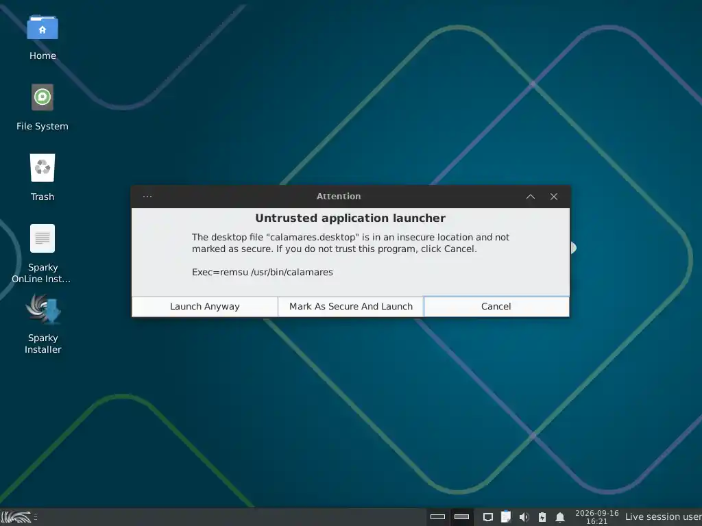 „Untrusted application launcher” figyelmeztetés a Calamares indításakor