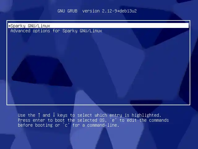 GRUB 2.12 boot menü a telepítés után