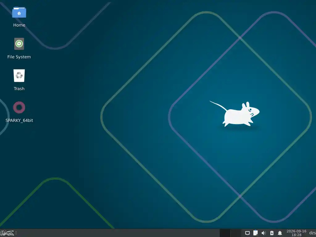 SparkyLinux asztal a telepítés után, egér kurzorral