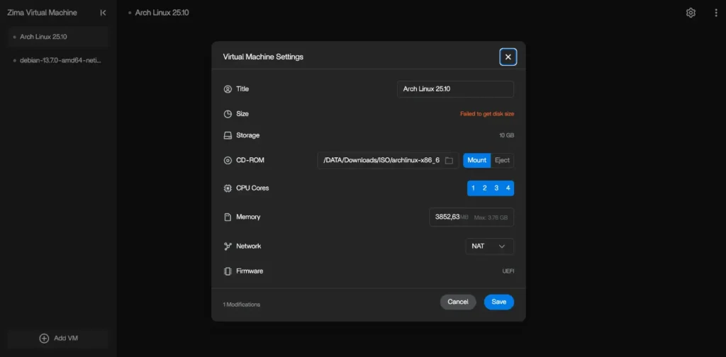 Virtuális gép beállításainak módosítása a ZimaOS Virtual Machine felületén.